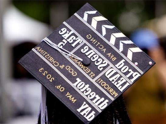 BFA Acting graduate Christina Hollie's graduation cap designed as a director's cut board.